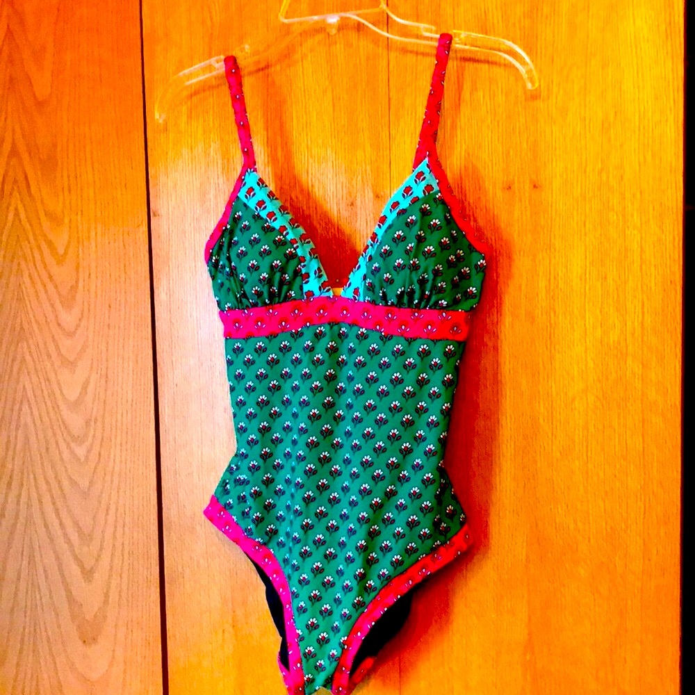 Boden 8 pink green geo floral print maillot swim